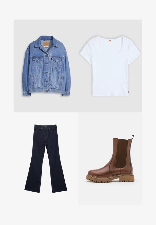 Hellblaue Jeansjacke mit Hemdkragen, Knopfleiste, zwei Brusttaschen und Seitentaschen. Verwaschene Textur und sichtbares Markenetikett.; Weiße kurzärmelige Bluse mit quadratischem Ausschnitt, aus geripptem Stoff. Mit einem kleinen roten Logoschild auf der unteren linken Seite.; Dunkelblaue Jeans mit ausgestelltem Bein, ausgestattet mit einem klassischen Fünf-Taschen-Design und sichtbaren Nähten. Der Stoff hat eine glatte Textur mit minimalen Verblassungen.; Braune Leder-Ankle-Boots mit elastischen Einsätzen und einem Ziehschlaufe. Sie verfügen über eine robuste Gummisohle und sichtbare Nahtdetails entlang der Kanten.