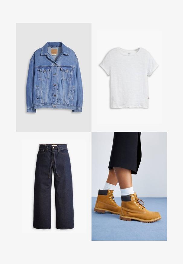 Lichtblauwe spijkerjack met overhemdkraag, knoopsluiting, twee borstzakken en zijzakken. Versleten textuur en zichtbaar merklabel.; Witte kortere mouwen t-shirt van lichtgewicht katoen, met een ronde halslijn, een iets boxy vorm en een klein rood logo-label aan de zoom.; Wijd pijpjes donkerblauwe denim jeans met een hoge taille, voorzien van een trekkoord, vijf zakken en contrasterende stiksels.; Tan suède enkellaarsjes met bruine leren accenten, gouden oogjes en een getextureerde zool. Witte sokken zichtbaar boven de laarsjes.