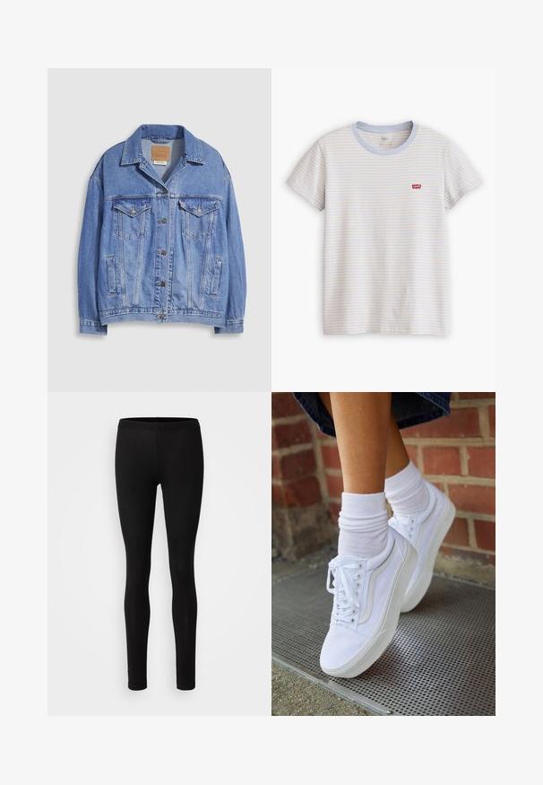 Veste en denim bleu clair avec col chemise, fermeture à boutons, deux poches poitrine et poches latérales. Texture usée et étiquette de marque visible.; T-shirt blanc à manches courtes avec fines rayures horizontales bleues et beiges et un petit logo rouge Levi's sur la poitrine gauche.; Leggings noirs en tissu doux et extensible. Ils ont une coupe ajustée avec une taille élastique et une texture lisse et mate.; Baskets en toile blanches avec semelles en caoutchouc, dotées de six œillets, d'un bout rond et de détails de couture légers, portées avec des chaussettes blanches mi-mollet.