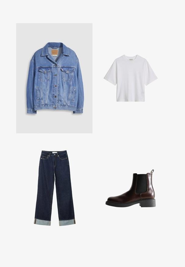 Hellblaue Jeansjacke mit Hemdkragen, Knopfleiste, zwei Brusttaschen und Seitentaschen. Verwaschene Textur und sichtbares Markenetikett.; Weißes kurzärmeliges Baumwoll-T-Shirt mit Rundhalsausschnitt, lockerer Sitz, einfarbige Vorderseite mit sichtbarem Kragenetikett auf einfarbigem Hintergrund.; Dunkelblaue, weit geschnittene Jeans mit hoher Taille, ausgestattet mit aufgerollten Säumen, Kontrastnähten und einem Fünf-Taschen-Design. Hergestellt aus Denim-Stoff.; Braune Leder-Boots mit elastischen Seitenteilen, runder Spitze und einer strukturierten schwarzen Gummisohle. Verfügt über kontrastierende Nähte und eine Ziehlasche.
