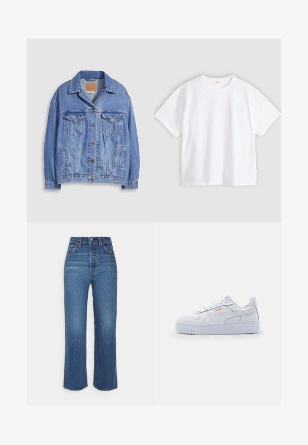 Lyseblå denimjakke med skjortekrave, knaplukning, to brystlommer og sidelommer. Slidt tekstur og synligt mærke.; Hvid bomuld t-shirt med korte ærmer, rund hals, afslappet pasform, glat tekstur og en lille logolabel på venstre sidesøm.; Højhalsede blå denim jeans med lige ben. Har fem lommer, en knaplukning og diskret syninger langs sømmene.; Hvide lædersneakers med en kraftig sål, der har en glat overflade, minimalistisk design, side-striber og en lille logo detalje.
