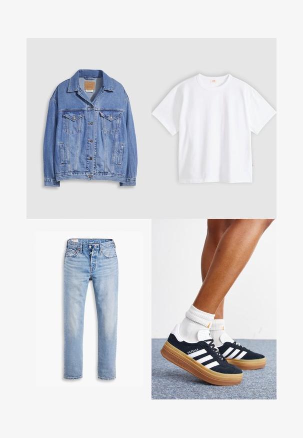 Hellblaue Jeansjacke mit Hemdkragen, Knopfleiste, zwei Brusttaschen und Seitentaschen. Verwaschene Textur und sichtbares Markenetikett.; Weißes Baumwoll-T-Shirt mit kurzen Ärmeln, rundem Ausschnitt, lockerer Passform, glatter Textur und einem kleinen Logetikett an der linken Seitennaht.; Helles blaues Jeans mit geradem Schnitt, zwei vorderen Taschen und einem Knopfverschluss. Mit einer verwaschenen Textur und leichtem Verblassen in der Nähe der Knie.; Beine mit weißen Socken und schwarzen Adidas Gazelle Sneakers mit weißen Streifen und dicken braunen Sohlen auf einem grauen Teppichboden.