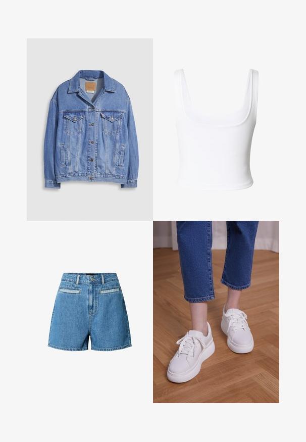 Veste en denim bleu clair avec col chemise, fermeture à boutons, deux poches poitrine et poches latérales. Texture usée et étiquette de marque visible.; Top court blanc avec larges bretelles et encolure carrée, fabriqué en tissu lisse.; Shorts en denim bleu taille haute avec fermeture à boutons sur le devant, passants pour ceinture et deux poches horizontales à l'avant sur fond blanc.; Jambes portant un jean court bleu et des baskets blanches à plateforme à lacets, debout sur un sol en bois clair.