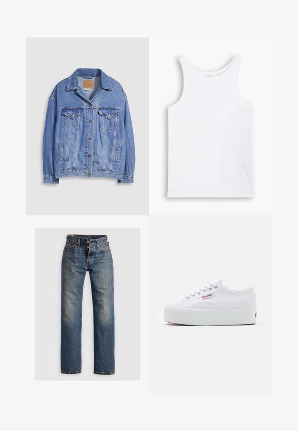 Hellblaue Jeansjacke mit Hemdkragen, Knopfleiste, zwei Brusttaschen und Seitentaschen. Verwaschene Textur und sichtbares Markenetikett.; Weißes Baumwoll-Tanktop mit breiten Schulterträgern, einem runden Halsausschnitt und einer glatten, gerippten Textur. Keine Muster oder Akzente vorhanden.; Blaue Denim-Jeans mit geradem Bein, ausgestattet mit sichtbaren Nähten, einem Reißverschluss und fünf Taschen. Ausgewaschene Stellen sorgen für Textur.; Weiße Leinenschuhe mit einer dicken weißen Plattformsohle, runder Zehenpartie und Metallösen für die Schnürsenkel. Markenlogo an der Seite angebracht.