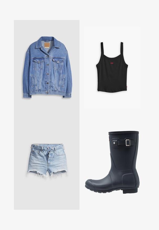 Veste en denim bleu clair avec col chemise, fermeture à boutons, deux poches poitrine et poches latérales. Texture usée et étiquette de marque visible.; Débardeur noir à côtes avec des fines bretelles, arborant un petit logo rouge Levi's au centre devant et un ourlet droit.; Shorts en denim bleu clair avec bords effilochés, cinq poches et fermeture à boutons. La texture est douce avec un aspect légèrement usé.; Botte de pluie en caoutchouc noir avec un embout arrondi, une semelle texturée et un détail de sangle ajustable. Surface lisse avec une finition mate.