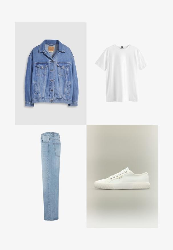 Lyseblå denimjakke med skjortekrave, knaplukning, to brystlommer og sidelommer. Slidt tekstur og synligt mærke.; Simpel hvid kortærmet t-shirt med rund hals og sort mærke indeni kraven, vist fladt på en hvid baggrund.; Lysblå straight-leg denim jeans med høj talje og synlig baglomme, vist fra siden mod en hvid baggrund.; Hvid lavtopet lærreds-sneaker med tekstureret gummisål, hvide snørebånd og lille Calvin Klein-mærke på siden.