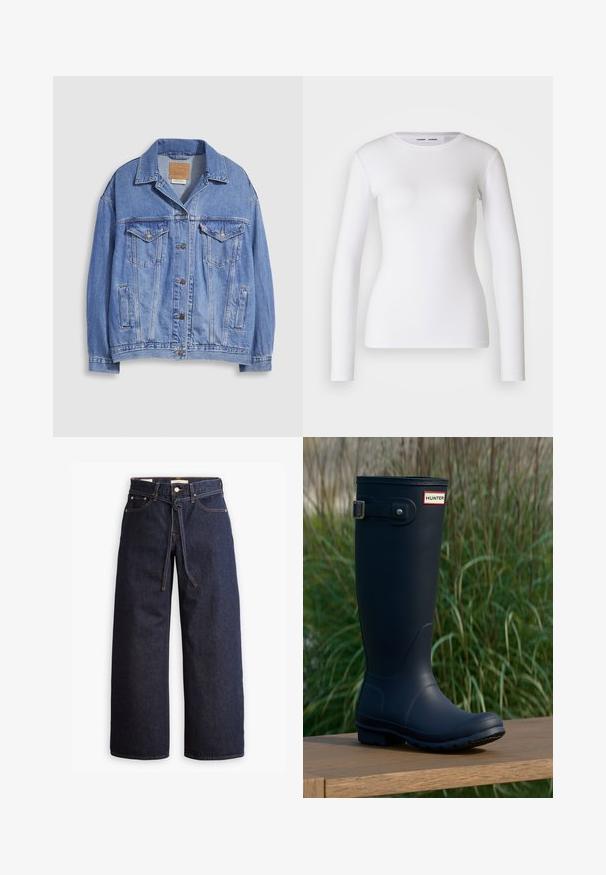Lichtblauwe spijkerjack met overhemdkraag, knoopsluiting, twee borstzakken en zijzakken. Versleten textuur en zichtbaar merklabel.; Witte longsleeve shirt van ribstof, met een ronde halslijn en een getailleerde vorm. Er zijn geen patronen of accenten aanwezig.; Wijd pijpjes donkerblauwe denim jeans met een hoge taille, voorzien van een trekkoord, vijf zakken en contrasterende stiksels.; Marine rubber regenlaars met een ronde neus, gestructureerd oppervlak, verstelbare gesp detail en Hunter logo nabij de bovenkant. Stabiele profielzool.