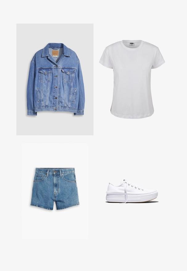 Hellblaue Jeansjacke mit Hemdkragen, Knopfleiste, zwei Brusttaschen und Seitentaschen. Verwaschene Textur und sichtbares Markenetikett.; Weißes Baumwoll-T-Shirt mit klassischem Rundhalsausschnitt, kurzen Ärmeln und geradem Saum. Mit einem Etikett, auf dem "URBAN CLASSICS" in Schwarz steht.; Hellblaue Denim-Shorts mit fünf Taschen, einem Reißverschluss und einem Knopfverschluss. Der Saum ist fransig und das Design bietet eine lässige Passform.; Weißer Canvas-Sneaker mit niedrigem Schnitt, dicker Plateau-Sohle, vorderer Schnürung und rauer Gummikappe an der Spitze, aus seitlicher Ansicht gezeigt.