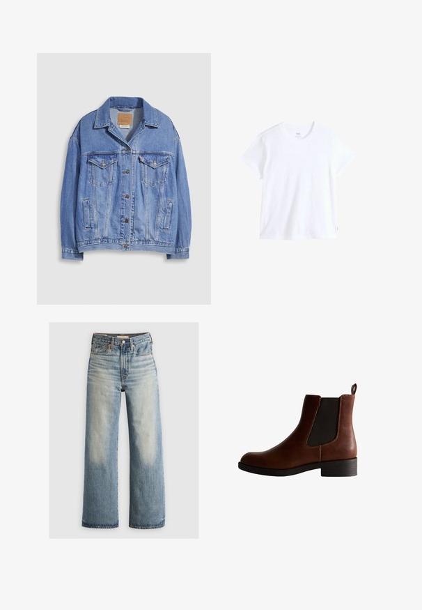 Hellblaue Jeansjacke mit Hemdkragen, Knopfleiste, zwei Brusttaschen und Seitentaschen. Verwaschene Textur und sichtbares Markenetikett.; Weißes Baumwoll-T-Shirt mit kurzen Ärmeln, rundem Ausschnitt und geradem Saum. Mit kleinem rotem Logostreifen an der unteren linken Seite.; Blaue Denim-Jeans mit weitem Bein, leichter Waschung, hoher Taille, fünf Taschen-Design und Messingbeschlägen. Ausgewaschene Akzente an der Vorder- und Rückseite.; Braune Lederknöchelstiefel mit elastischen Seitenpaneelen, runder Zehenpartie und niedrigem Blockabsatz. Mit kontrastierenden Nähten und einer Zuglasche.