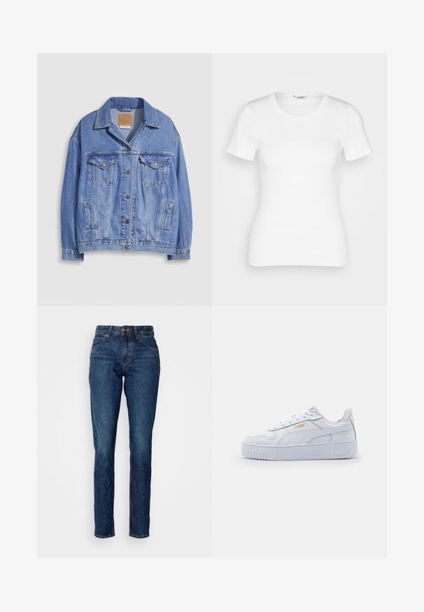 Veste en denim bleu clair avec col chemise, fermeture à boutons, deux poches poitrine et poches latérales. Texture usée et étiquette de marque visible.; T-shirt en coton blanc avec des manches courtes, un col rond et une texture côtelée. Design ajusté avec une finition lisse et nette.; Jeans en denim dans un bleu foncé avec une taille haute, des jambes droites, des coutures contrastées et une fermeture à bouton unique à l'avant.; Baskets blanches en cuir avec une semelle épaisse, présentant une texture lisse, un design minimaliste, des rayures sur les côtés et un petit logo.