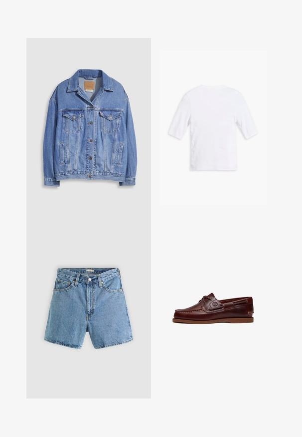 Lyseblå denimjakke med skjortekrave, knaplukning, to brystlommer og sidelommer. Slidt tekstur og synligt mærke.; Hvid bomulds t-shirt med korte ærmer, rund halsudskæring og en glat overflade. Ingen synlige mønstre eller udsmykninger.; Lyseblå cowboyshorts med forreste knap og lynlås, bæltestropper og fem-lommer design mod en ensfarvet baggrund.; Brun læder bådsko med snørre, syningsdetaljer og Timberland-logo på siden, vist på en hvid baggrund.