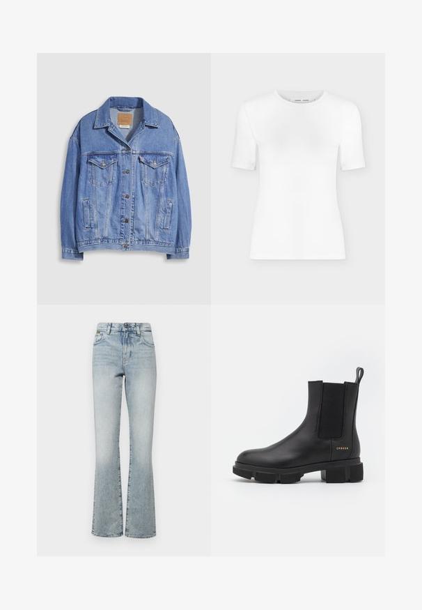 Veste en denim bleu clair avec col chemise, fermeture à boutons, deux poches poitrine et poches latérales. Texture usée et étiquette de marque visible.; T-shirt blanc à manches courtes avec col rond, coupe slim et texture de tissu côtelé, présenté sur un fond uni gris clair.; Jeans évasés en denim délavé avec taille haute, comportant cinq poches et un matériel minimal. Le tissu a une texture lisse et une finition décolorée.; Bottines en cuir noir avec des panneaux élastiques sur les côtés et une semelle épaisse à crampons. Présentent une languette et un logo doré. Fini mat.