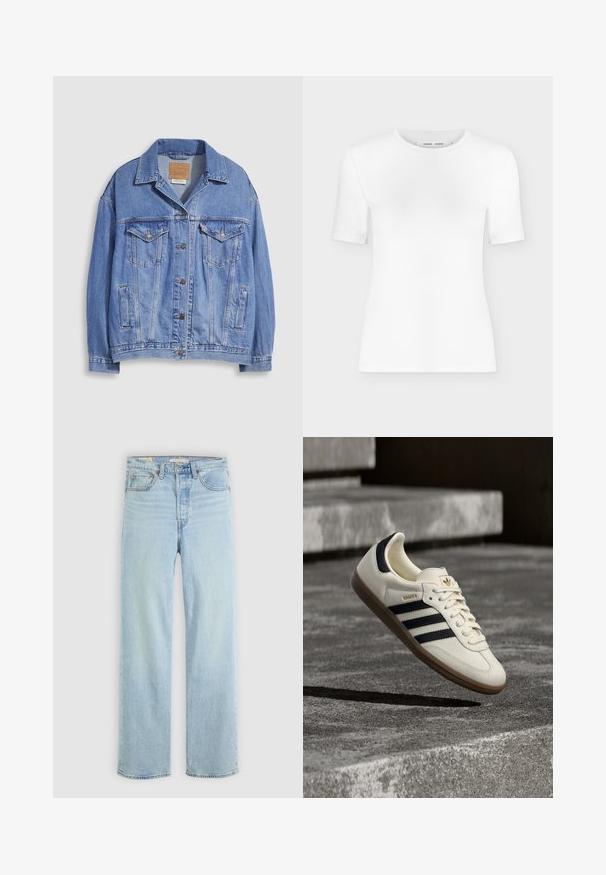 Veste en denim bleu clair avec col chemise, fermeture à boutons, deux poches poitrine et poches latérales. Texture usée et étiquette de marque visible.; T-shirt blanc à manches courtes avec col rond, coupe slim et texture de tissu côtelé, présenté sur un fond uni gris clair.; Jean en denim bleu clair avec une coupe droite, comportant cinq poches, une fermeture éclair classique et des accents de couture visibles.; Baskets blanches Adidas Samba avec des bandes noires et une semelle en gomme, flottant au-dessus de marches en béton gris texturé.