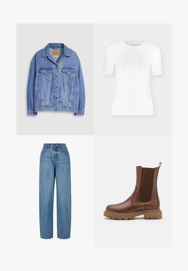 Lyseblå denimjakke med skjortekrave, knaplukning, to brystlommer og sidelommer. Slidt tekstur og synligt mærke.; Hvid T-shirt med rund hals, korte ærmer, slank pasform og ribbet stofstruktur, vist på en ensfarvet lys grå baggrund.; Lyseblå denimjeans med lige ben-design, der har en knaplukning, fem lommer og subtilt slid i stoffet.; Brune læder ankelstøvle med elastiske paneler og en trækflap. Har en kraftig gummisål og synlige stikninger langs kanterne.