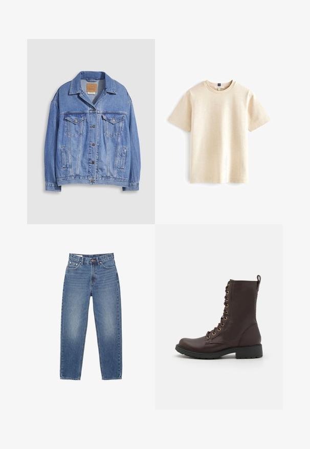 Veste en denim bleu clair avec col chemise, fermeture à boutons, deux poches poitrine et poches latérales. Texture usée et étiquette de marque visible.; T-shirt beige à manches courtes avec un col rond, fabriqué en tissu doux présentant une texture subtile et une coupe décontractée. Aucune marque visible.; Jeans en denim bleu clair avec une taille haute, un design à jambes droites, cinq poches et des détails de couture orange. Finition effilochée à l'avant.; Bottes en cuir marron à lacets avec un bout rond, œillets en métal et une semelle en caoutchouc noir texturé. Comprend une languette au talon.