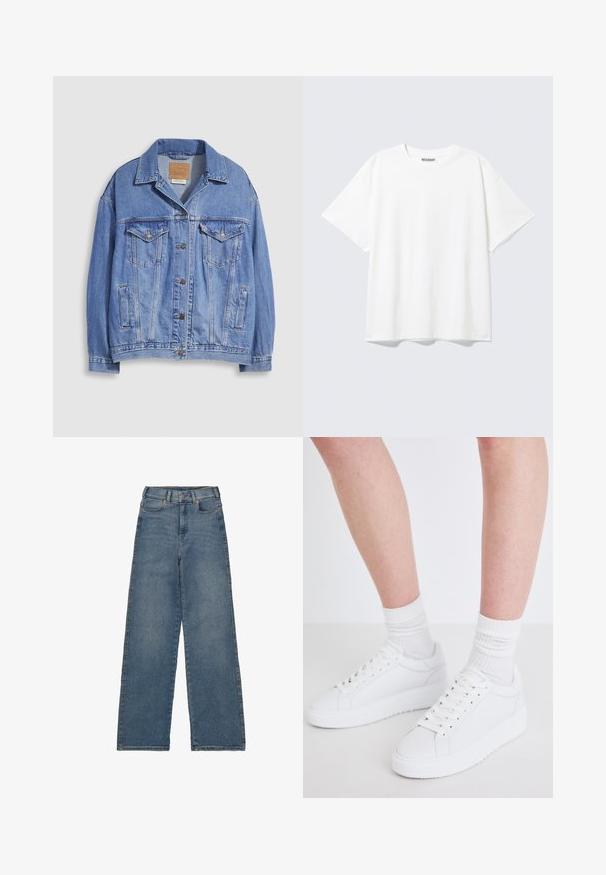 Lyseblå denimjakke med skjortekrave, knaplukning, to brystlommer og sidelommer. Slidt tekstur og synligt mærke.; Hvid T-shirt med korte ærmer og rund halsudskæring med en afslappet pasform og et "WEEKDAY" mærke på indersiden af nakken bagtil.; Højtaljede, bredbenede jeans i mellemblå denim. Har fem lommer, en frontknaplukning og kontrasterende syninger.; Copenhagen Studios CPH72 - Sneakers - white