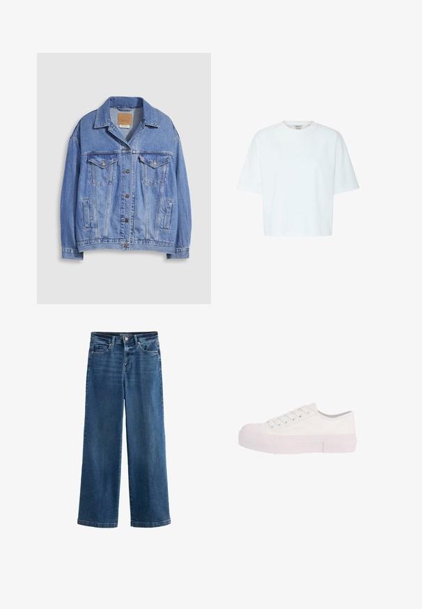 Lichtblauwe spijkerjack met overhemdkraag, knoopsluiting, twee borstzakken en zijzakken. Versleten textuur en zichtbaar merklabel.; Witte korte mouws oversized cropped t-shirt met ronde hals, doorgezakte schouders, effen voorkant en merkembleem aan de binnenkant van de kraag.; Blauwe wijde jeans van denim, met een hoge taille, vijf zakken, subtiele vervaging, knoopsluiting en contrasterende stiksels.; Witte lage sneaker met veters aan de voorkant en dikke rubberen zool, zijaanzicht op een witte achtergrond.