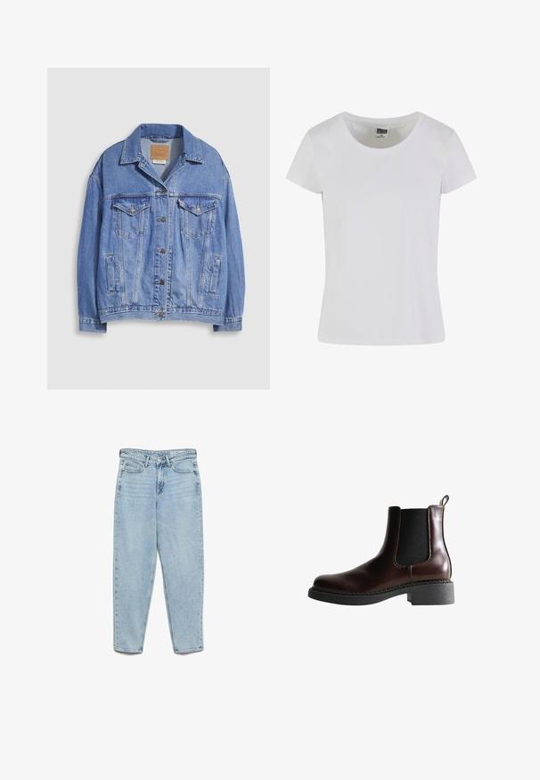 Lyseblå denimjakke med skjortekrave, knaplukning, to brystlommer og sidelommer. Slidt tekstur og synligt mærke.; Hvid, kortærmet t-shirt lavet af bomuld. Har en rund halsudskæring og en tætsiddende form. Lappen læser "URBAN CLASSICS."; Lyseblå højtsiddende denimjeans med forlommer, bæltestropper, knaplukning og tilspidsede ben på en hvid baggrund.; Brune læder ankelstøvle med elastiske sidepaneler, rund tå og en struktureret sort gummisål. Har kontrasterende syninger og en trækflap.