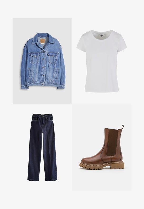 Lyseblå denimjakke med skjortekrave, knaplukning, to brystlommer og sidelommer. Slidt tekstur og synligt mærke.; Hvid, kortærmet t-shirt lavet af bomuld. Har en rund halsudskæring og en tætsiddende form. Lappen læser "URBAN CLASSICS."; Next Jeans Straight Leg - rinse blue; Brune læder ankelstøvle med elastiske paneler og en trækflap. Har en kraftig gummisål og synlige stikninger langs kanterne.
