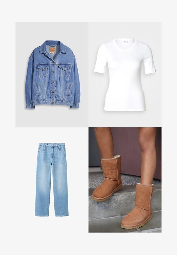 Veste en denim bleu clair avec col chemise, fermeture à boutons, deux poches poitrine et poches latérales. Texture usée et étiquette de marque visible.; T-shirt blanc à manches courtes en coton lisse, doté d'un col rond et d'une coupe ajustée. Design classique, sans motifs ni accents.; Jean en denim bleu clair avec une coupe droite, style cinq poches, passants pour ceinture et légère décoloration pour un look décontracté.; Bottines en suede marron, à bout rond, avec une doublure douce et une semelle en caoutchouc, présentant des détails de couture visibles le long des coutures.