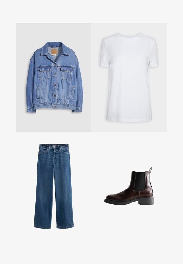 Lyseblå denimjakke med skjortekrave, knaplukning, to brystlommer og sidelommer. Slidt tekstur og synligt mærke.; Simpel hvid T-shirt med korte ærmer og rund hals, normal pasform og et lille indvendigt mærke på nakken med teksten "SELECTED FEMME."; Blå vidde jeans i denim med høj talje, fem lommer, subtile slidte detaljer, knaplukning og kontrasterende syninger.; Brune læder ankelstøvle med elastiske sidepaneler, rund tå og en struktureret sort gummisål. Har kontrasterende syninger og en trækflap.