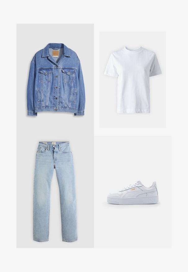 Veste en denim bleu clair avec col chemise, fermeture à boutons, deux poches poitrine et poches latérales. Texture usée et étiquette de marque visible.; T-shirt en coton blanc avec un col rond, manches courtes, coupe droite et texture lisse. Sans motifs ni embellissements.; Jean taille haute bleu clair à jambe droite, avec une fermeture à boutons, des poches avant et arrière, et des passants de ceinture sur fond blanc.; Baskets blanches en cuir avec une semelle épaisse, présentant une texture lisse, un design minimaliste, des rayures sur les côtés et un petit logo.