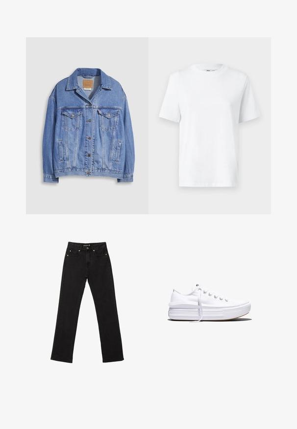 Hellblaue Jeansjacke mit Hemdkragen, Knopfleiste, zwei Brusttaschen und Seitentaschen. Verwaschene Textur und sichtbares Markenetikett.; Weißes Baumwoll-T-Shirt mit Rundhalsausschnitt, kurzärmlig und mit glatter Textur. Entworfen mit einer lockeren Passform für Komfort und Vielseitigkeit.; Schwarze Jeans aus Denim im geraden Schnitt, mit fünf Taschen und dezenten Kupferriegel-Akzenten. Hergestellt aus robustem Baumwollstoff.; Weißer Canvas-Sneaker mit niedrigem Schnitt, dicker Plateau-Sohle, vorderer Schnürung und rauer Gummikappe an der Spitze, aus seitlicher Ansicht gezeigt.