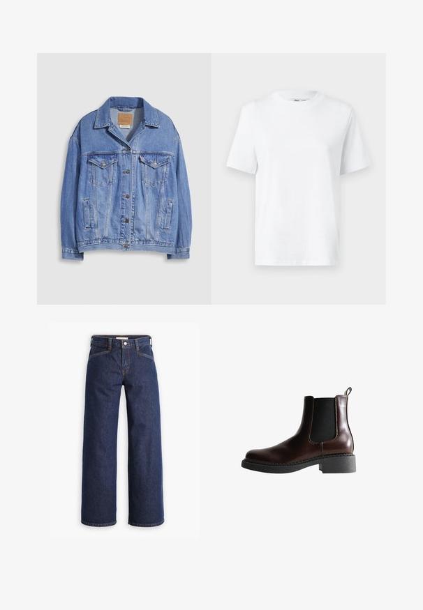 Lyseblå denimjakke med skjortekrave, knaplukning, to brystlommer og sidelommer. Slidt tekstur og synligt mærke.; Hvid bomulds T-shirt med rund hals, kortærmet og en glat tekstur. Designet med en afslappet pasform for komfort og alsidighed.; Mørkeblå denim jeans med høj talje, bred benklipp og diskret orange syninger. Har knap- og lynlåslukning foran.; Brune læder ankelstøvle med elastiske sidepaneler, rund tå og en struktureret sort gummisål. Har kontrasterende syninger og en trækflap.
