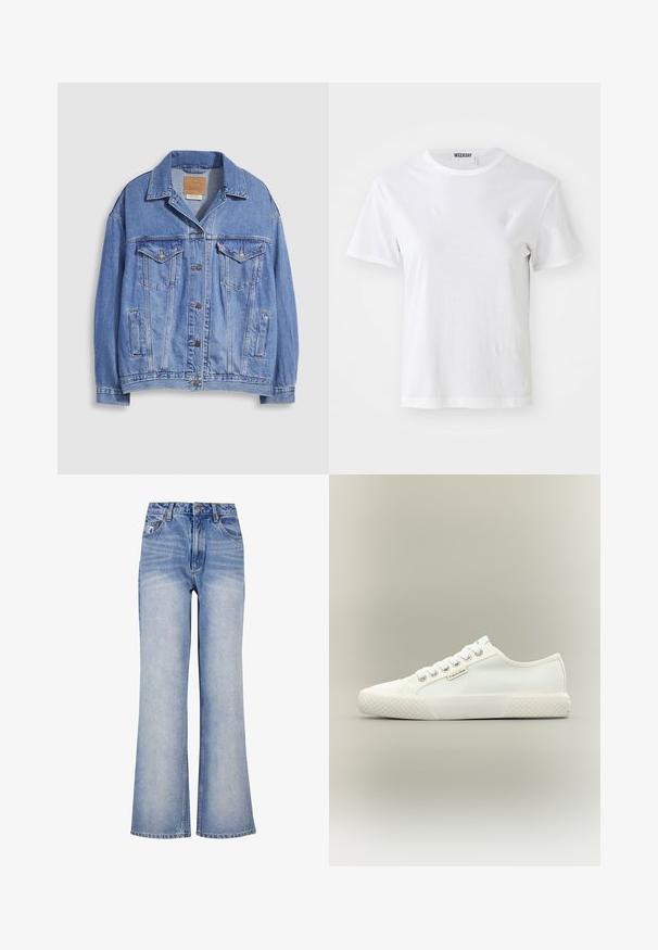 Chaqueta vaquera azul claro con cuello tipo camisa, cierre de botones, dos bolsillos en el pecho y bolsillos laterales. Textura desgastada y etiqueta de marca visible.; Camiseta blanca de manga corta hecha de una tela suave. Cuenta con un escote redondo y un corte recto, con una etiqueta en el cuello interior.; Jeans de mezclilla de un azul claro, de pierna ancha, con cintura alta, cierre de botón, un ligero desvanecimiento y un diseño clásico de cinco bolsillos.; Zapatilla blanca de lona de corte bajo con suela de goma texturizada, cordones blancos y pequeña etiqueta de Calvin Klein en el lateral.
