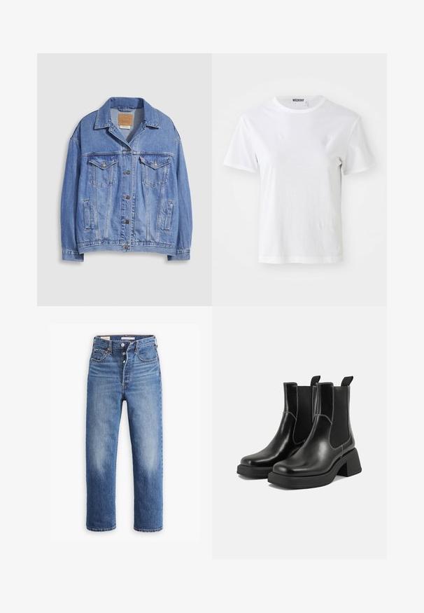 Chaqueta vaquera azul claro con cuello tipo camisa, cierre de botones, dos bolsillos en el pecho y bolsillos laterales. Textura desgastada y etiqueta de marca visible.; Camiseta blanca de manga corta hecha de una tela suave. Cuenta con un escote redondo y un corte recto, con una etiqueta en el cuello interior.; Vaqueros de mezclilla azul con cintura alta, diseño de pierna recta y áreas desgastadas. Presentan bolsillos frontales y herrajes de metal.; Botas Chelsea de cuero negro con tacón grueso, paneles laterales elásticos y costuras en blanco que contrastan. Acabado texturizado.