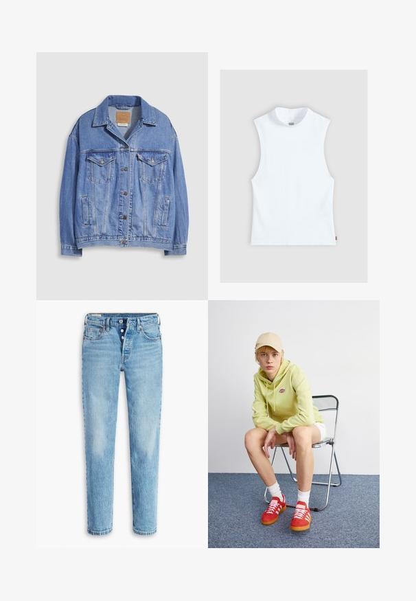 Lichtblauwe spijkerjack met overhemdkraag, knoopsluiting, twee borstzakken en zijzakken. Versleten textuur en zichtbaar merklabel.; Wit mouwloos katoenen top met hoge ronde hals en klein Levi's-label aan de zijkant, weergegeven tegen een lichtgrijze achtergrond.; Lichtblauwe denim jeans met een rechte pijpdesign, vijf zakken en een knopenrij. Heeft vervaagde gebieden en wassing voor textuur.; Lichtgroene hoodie met logo, witte shorts, rode sneakers met witte strepen, zittend op een chroom opvouwstoel tegen een neutrale achtergrond.