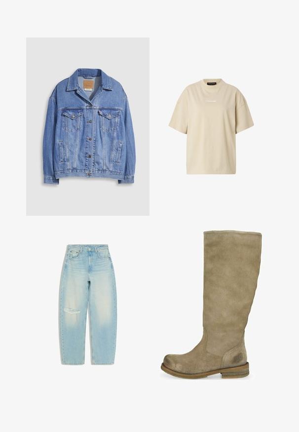 Lyseblå denimjakke med skjortekrave, knaplukning, to brystlommer og sidelommer. Slidt tekstur og synligt mærke.; Beige oversized T-shirt med korte ærmer, rund hals og lille hvid "REGARD"-logo centreret på brystet.; Lyseblå højtaljede denimjeans med afslappet pasform og en slidt revne på venstre lår, lagt fladt på hvid baggrund.; Knæhøje beige ankelstøvler i ruskind med rund tå og tekstureret overflade. Brun træhælhæl med diskret logo-detalje nær ankelområdet.