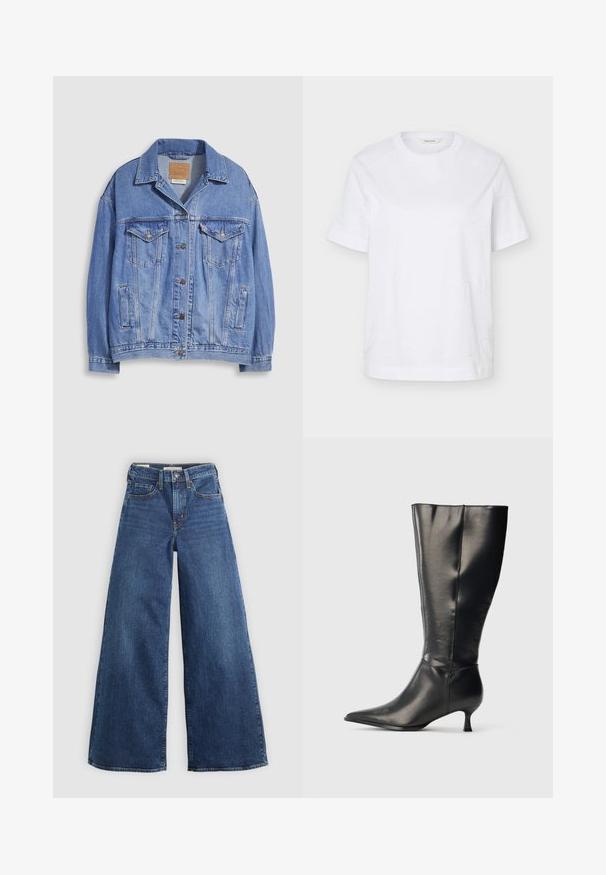Hellblaue Jeansjacke mit Hemdkragen, Knopfleiste, zwei Brusttaschen und Seitentaschen. Verwaschene Textur und sichtbares Markenetikett.; Weißes T-Shirt mit kurzen Ärmeln und Rundhalsausschnitt, mit einem dezenten genähten Wellenmuster und einem kleinen beigen Etikett innen am Kragen.; Weite blaue Jeans aus Denim mit fünf Taschen, einem Knopfverschluss und Kontrastnähten, die eine weiche und strukturierte Oberfläche aufweisen.; Schwarzer kniehoher Lederstiefel mit spitzer Zehenpartie und niedrigem Kittenabsatz, präsentiert vor einem schlichten hellen Hintergrund.