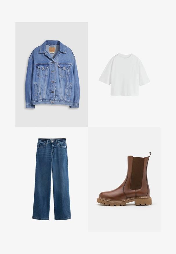 Chaqueta vaquera azul claro con cuello tipo camisa, cierre de botones, dos bolsillos en el pecho y bolsillos laterales. Textura desgastada y etiqueta de marca visible.; Camiseta blanca lisa de manga corta oversize con cuello redondo y ajuste holgado.; Jeans anchos de mezclilla azul, con cintura alta, cinco bolsillos, sutil desgastado, cierre de botón y costuras contrastadas.; Botín de cuero marrón con paneles elásticos y una lengüeta. Presenta una suela de goma gruesa y detalles de costura visibles a lo largo de los bordes.