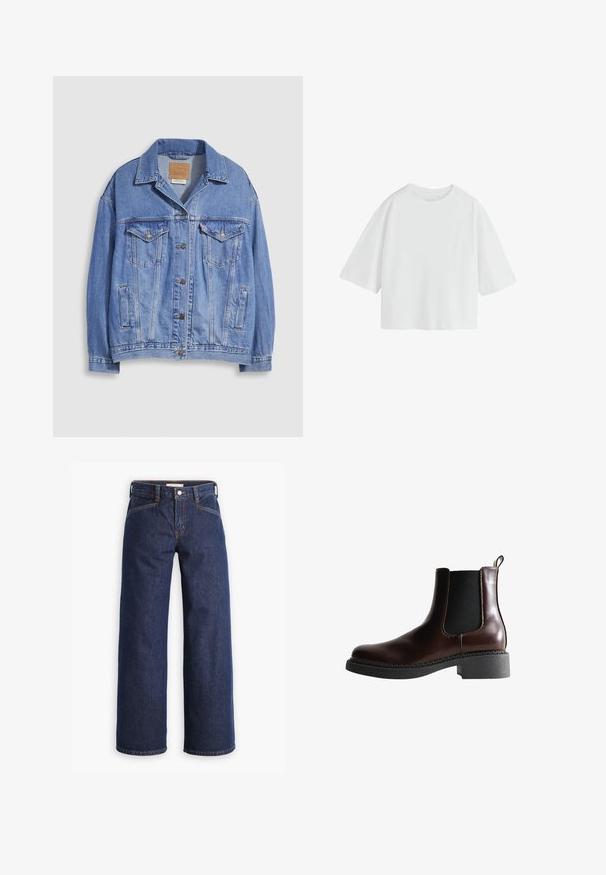 Lichtblauwe spijkerjack met overhemdkraag, knoopsluiting, twee borstzakken en zijzakken. Versleten textuur en zichtbaar merklabel.; Effen witte oversized T-shirt met korte mouwen, een ronde hals en een losse pasvorm.; Donkerblauwe spijkerbroek met een hoge taille, wijdvallende pijpen en subtiele oranje stiksels. Bevat een sluiting met een knoop en ritssluiting aan de voorkant.; Bruine leren enkelboot met elastische zijpanelen, ronde neus en een gestructureerde zwarte rubberen zool. Heeft contrasterende stiksels en een lusje aan de achterkant.