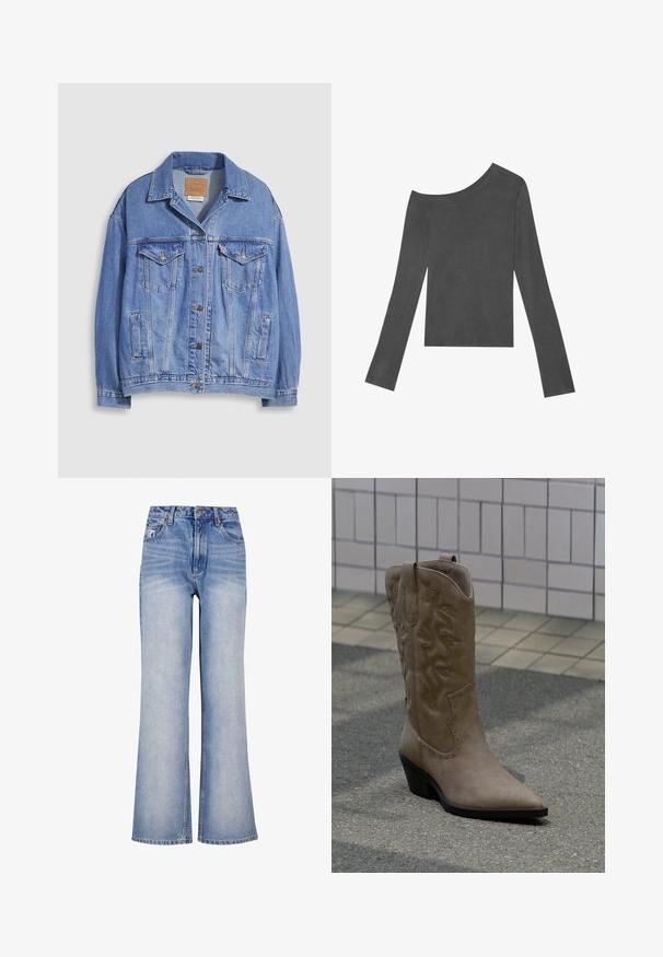 Lyseblå denimjakke med skjortekrave, knaplukning, to brystlommer og sidelommer. Slidt tekstur og synligt mærke.; Grå, langærmet top med off-shoulder design. Lavet af blødt stof med en glat tekstur og en lige skåret kant.; Lys blå denim bred-benede jeans har høj talje, knaplukning, diskret slidmærker og et klassisk fem-lomme design.; Høj, beige cowboystøvle i ruskind med dekorative syninger og nitteaccenter, med spids snude og skråsort hæl på fortovet.