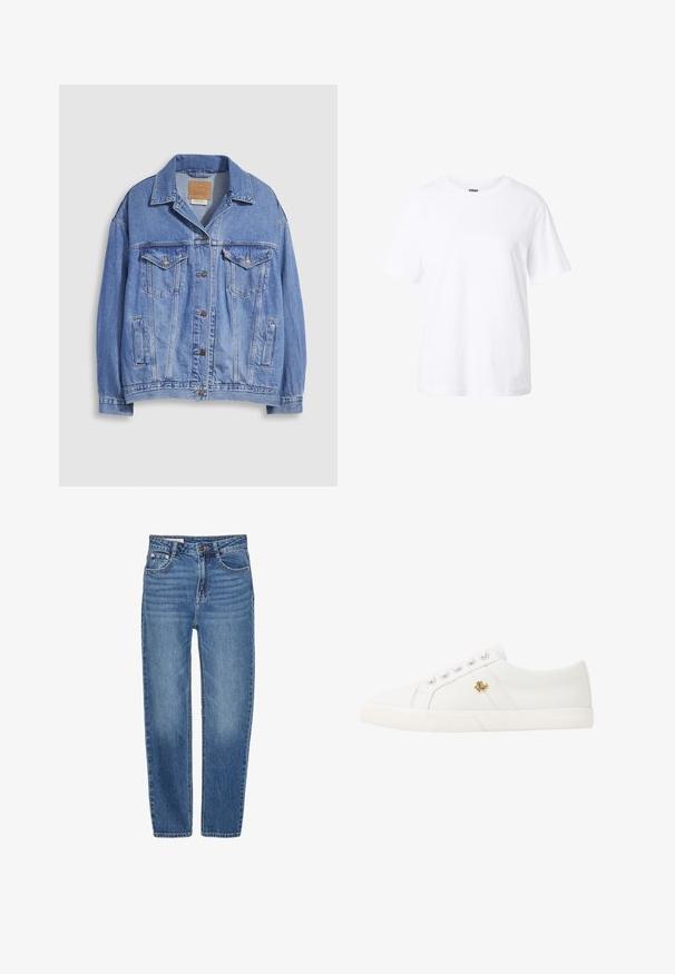 Veste en denim bleu clair avec col chemise, fermeture à boutons, deux poches poitrine et poches latérales. Texture usée et étiquette de marque visible.; T-shirt blanc uni à manches courtes avec col rond, coupe décontractée et petite étiquette à l'intérieur du col.; Jean en denim bleu avec une coupe straight, style cinq poches et une taille haute. Présente un léger délavage et des coutures contrastées.; Lauren Ralph Lauren JANSON II CANVAS SNEAKER - Baskets basses - optic white