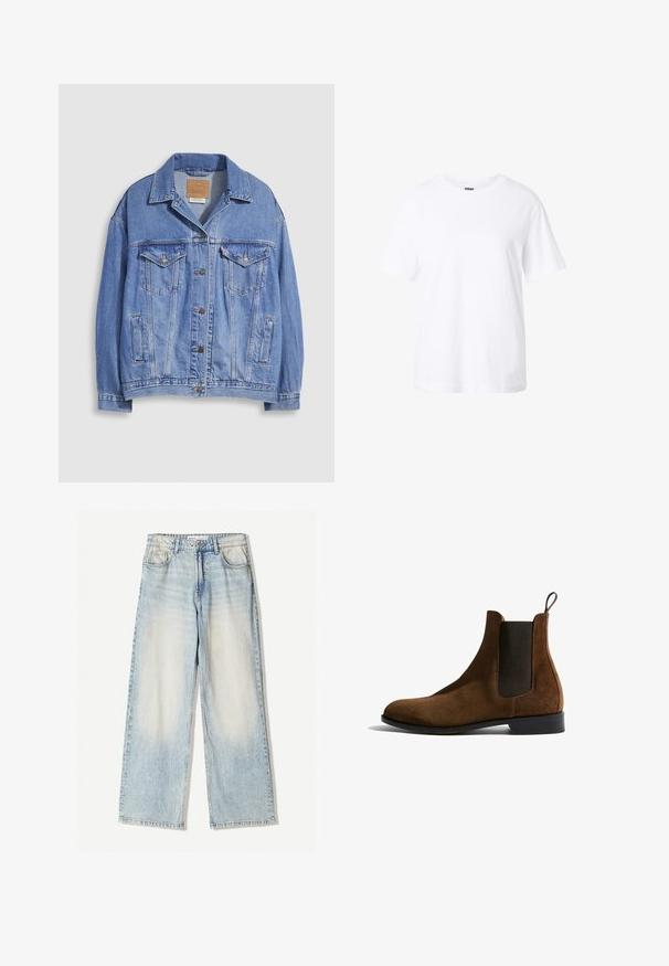 Lyseblå denimjakke med skjortekrave, knaplukning, to brystlommer og sidelommer. Slidt tekstur og synligt mærke.; Enkelt hvid t-shirt med korte ærmer og rund hals, afslappet pasform og lille label inde i kraven.; Lyseblå denimbukser med vid ben, der har fem lommer, subtil falmning og synlige sømme langs kanterne.; Brune ruskind ankle boots med elastiske sidepaneler, rund tå og et tekstureret sort panel. Har en træksløjfe bagpå og en lav sort hæl.