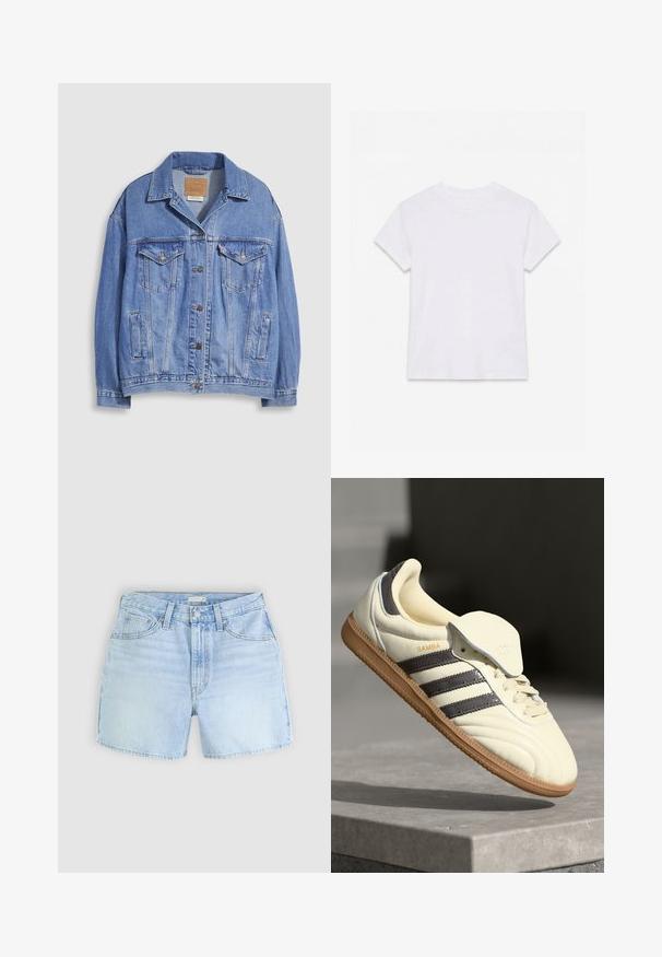 Lyseblå denimjakke med skjortekrave, knaplukning, to brystlommer og sidelommer. Slidt tekstur og synligt mærke.; Hvid kortærmet t-shirt i bomuld med rund hals, lagt fladt på en hvid baggrund.; Lysblå denimshorts med fem-pockets design, knaplukning og let fransede kanter. Stoffet har et blødt, textureret udseende.; Cremefarvede lædersneakers med tre mørke striber, en brun gummisål og en afrundet tå. Har en foldbar tunge mærket "SAMBA."