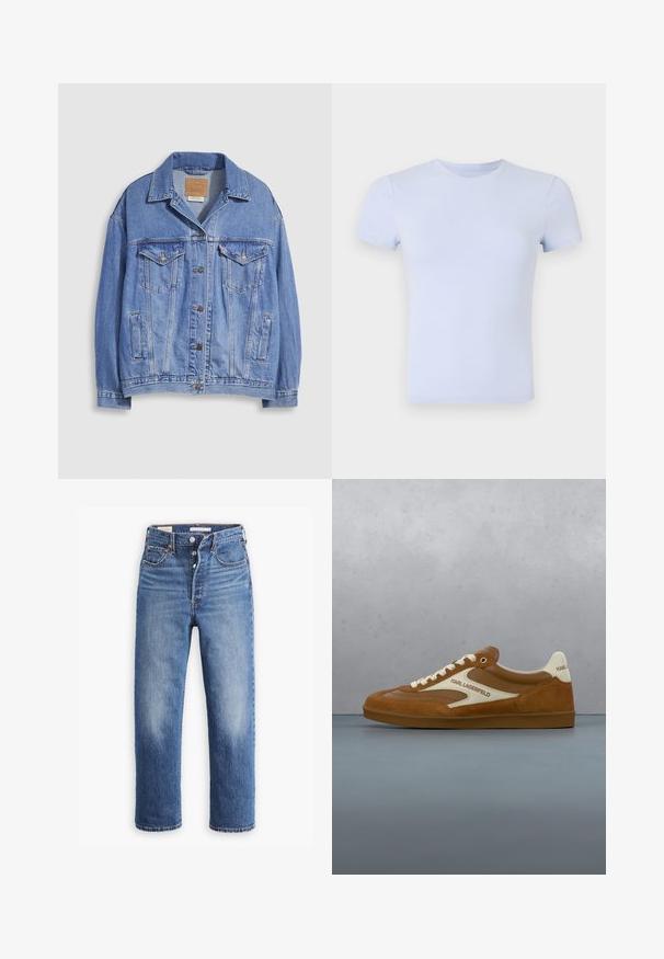 Lichtblauwe spijkerjack met overhemdkraag, knoopsluiting, twee borstzakken en zijzakken. Versleten textuur en zichtbaar merklabel.; Good American SUPER STRETCH BABY TEE - T-shirt basic - periwinkle; Blauwe denim jeans met een hoge taille, rechte pijpen en vervaagde delen. Voorzien van voorzakken en metalen details.; Bruine en beige Karl Lagerfeld sneaker met witte veters, zwevend boven een houten tegel en een grijze kiezelstenen buitenvloer.