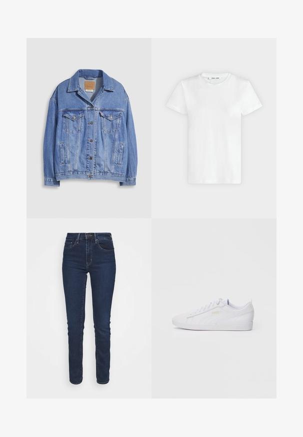 Lyseblå denimjakke med skjortekrave, knaplukning, to brystlommer og sidelommer. Slidt tekstur og synligt mærke.; En simpel hvid T-shirt med korte ærmer og rund hals lagt fladt på en lys grå baggrund, hvor forsiden med label inde i halsen vises.; Mørkeblå denimjeans med slim fit, medium høj talje, forlommer og lynlåslukning. Stofoverfladen har en glat tekstur.; Hvide low-top Puma sneakers med snørebånd front, diskret branding på siden og sålen, samt en glat syntetisk overdel til hverdag.