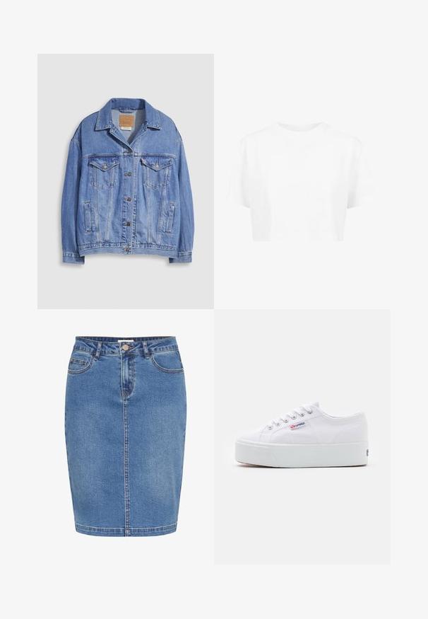 Lichtblauwe spijkerjack met overhemdkraag, knoopsluiting, twee borstzakken en zijzakken. Versleten textuur en zichtbaar merklabel.; Witte cropped t-shirt, korte mouwen, ronde halslijn, gemaakt van gladde stof, zonder zichtbare patronen of opvallende hardware.; Denim rok in lichtblauw met een aansluitend ontwerp, sluiting met knopen aan de voorkant, vijf zakken en contrasterende stiksels langs de naden.; Witte canvas sneaker met een dikke witte platformzool, ronde neus en metalen oogjes voor veters. Merkl logo aan de zijkant weergegeven.