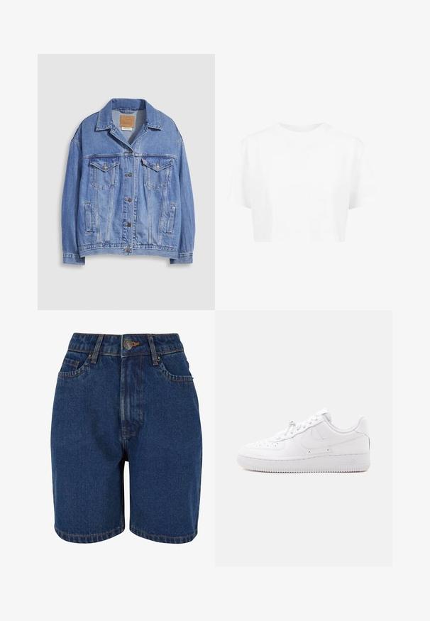 Veste en denim bleu clair avec col chemise, fermeture à boutons, deux poches poitrine et poches latérales. Texture usée et étiquette de marque visible.; T-shirt blanche raccourcie, à manches courtes, col rond, en tissu lisse, sans motifs visibles ni quincaillerie distincte.; Shorts en denim de couleur bleu foncé, taille haute, à cinq poches, avec des coutures orange contrastantes. Le tissu semble texturé.; Basket basse blanche avec embout perforé, fermeture à lacets, semelle texturée et un logo Swoosh discret sur le côté.