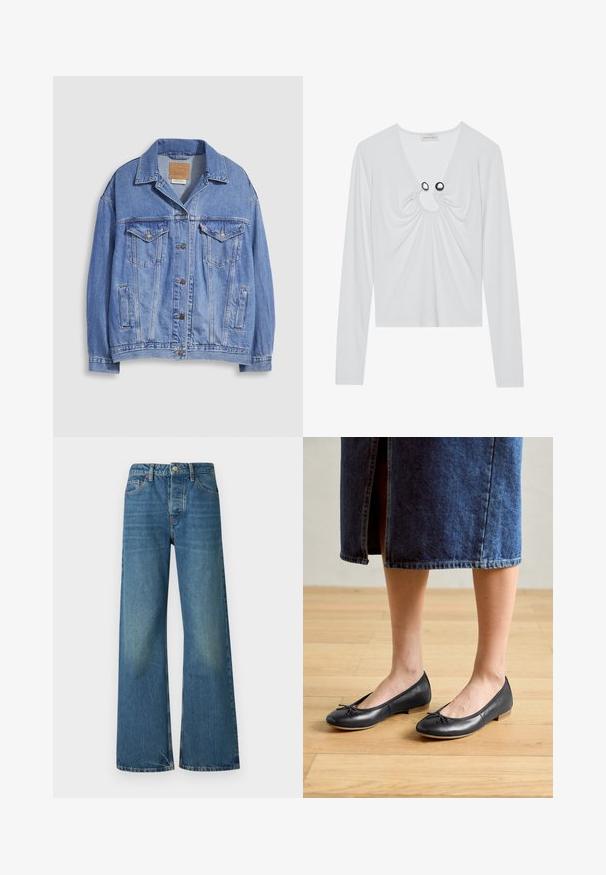 Veste en denim bleu clair avec col chemise, fermeture à boutons, deux poches poitrine et poches latérales. Texture usée et étiquette de marque visible.; Haut à manches longues blanc avec un décolleté en V profond, présentant un tissu froncé autour de l'encolure et deux accents circulaires noirs.; Jean en denim bleu à pattes larges avec un délavage, design à cinq poches et fermeture à bouton et fermeture éclair standard. Tissu en coton durable.; Ballerines en cuir noir avec un bout arrondi, un petit nœud décoratif et un petit talon en bois, portées avec une jupe en denim.