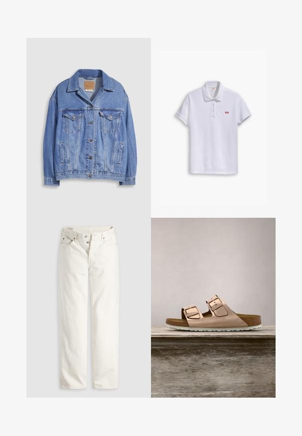 Lichtblauwe spijkerjack met overhemdkraag, knoopsluiting, twee borstzakken en zijzakken. Versleten textuur en zichtbaar merklabel.; Witte polo shirt van katoen, met een klassieke kraag, een drie-knopen sluiting en een klein rood Levi's-logo op de linkerborst.; Witte rechte jeans met hoge taille, knoopsluiting, voor- en achterzakken, en zichtbare koperen klinknagels op de hoeken van de zakken.; Roze-gouden slidersandalen met twee verstelbare metalen gespen, kurken voetbed en witte rubberen zool. Gladde metalen afwerking, open teen ontwerp.