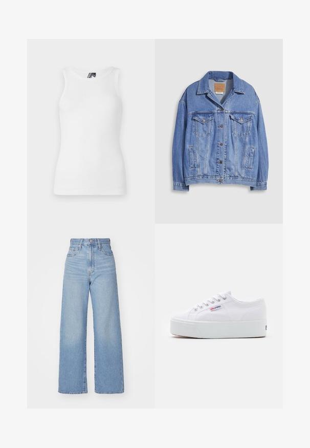 Lyseblå denimjakke med skjortekrave, knaplukning, to brystlommer og sidelommer. Slidt tekstur og synligt mærke.; Hvid ribbet tanktop med rund halsudskæring og ærmeløst design, lavet af en blød bomuldsblanding med en tætsiddende silhuet.; Lyseblå højtaljede bukser med bred benåbning, med frontknap og lynlås, samt for- og baglommer, på en hvid baggrund.; Hvide canvas sneakers med en tyk hvid platformssål, rund tå og metaløjelets til snørebånd. Mærkets logo præsenteret på siden.