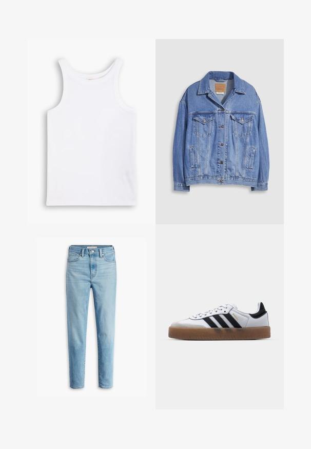 Veste en denim bleu clair avec col chemise, fermeture à boutons, deux poches poitrine et poches latérales. Texture usée et étiquette de marque visible.; Débardeur en coton blanc avec de larges bretelles, un col rond et une texture lisse et côtelée. Aucun motif ni accent présent.; Jean en denim taille haute bleu clair avec poches avant, passants de ceinture, fermeture par bouton et jambes fuselées sur fond blanc.; Baskets en cuir blanc avec des rayures noires, semelle extérieure en caoutchouc beige, bout rond, fermeture lacée et embout en suède gris doux.