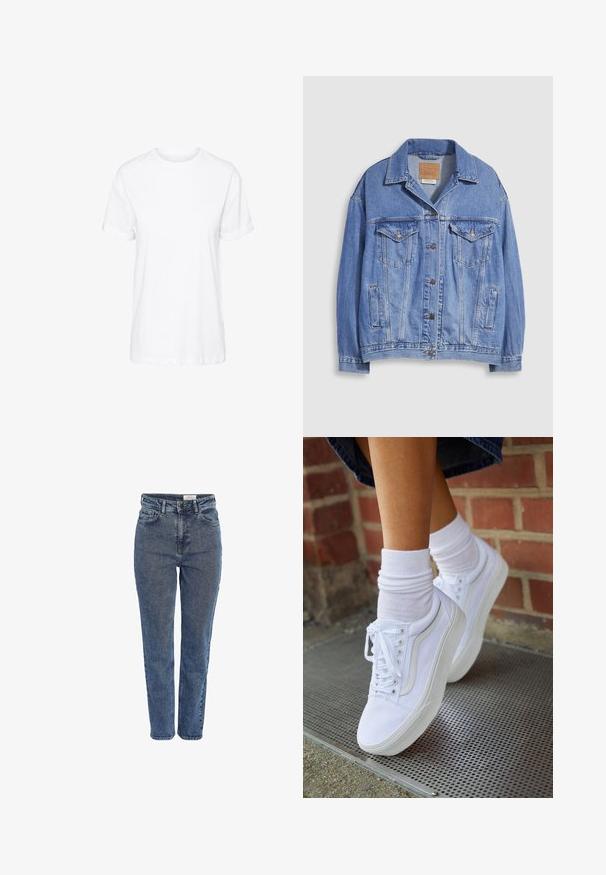 Lyseblå denimjakke med skjortekrave, knaplukning, to brystlommer og sidelommer. Slidt tekstur og synligt mærke.; Hvid bomulds t-shirt med korte ærmer, rund hals og en afslappet pasform, med en glat tekstur og uden synlige mønstre.; Blå jeans med høj talje i denimstof, med forlommer, bæltestropper, knaplukning og lige ben, mod en hvid baggrund.; Hvide lærreds sneakers med gummisåler, der har seks snørehuller, rund tå og let sømdetaljer, krydret med hvide ankelstrømper.