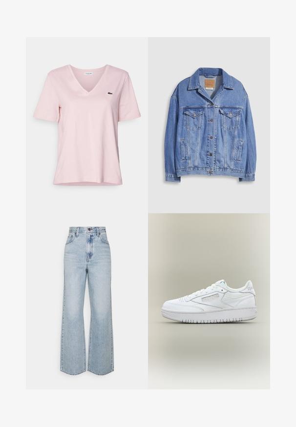 Hellblaue Jeansjacke mit Hemdkragen, Knopfleiste, zwei Brusttaschen und Seitentaschen. Verwaschene Textur und sichtbares Markenetikett.; Helles, rosafarbenes Baumwoll-T-Shirt mit V-Ausschnitt und kurzen Ärmeln, ausgestattet mit einem kleinen grünen, gestickten Krokodil-Logo auf der linken Brust.; Helle blaue Jeans im weiten Schnitt mit hoher Taille, klassischem Fünf-Taschen-Design und kontrastierenden Nähten. Unfinished Saum am unteren Ende.; Weißer Reebok Low-Top-Sneaker mit Schnürverschluss, perforierter Zehenpartie, gebrandetem Seitenpanel und dicker Sohle vor neutralem Hintergrund.