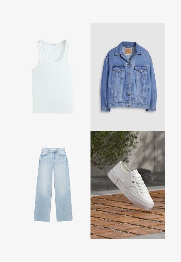 Veste en denim bleu clair avec col chemise, fermeture à boutons, deux poches poitrine et poches latérales. Texture usée et étiquette de marque visible.; Débardeur blanc en coton côtelé sans manches avec encolure ronde, posé à plat sur fond blanc.; Jean large à lavage clair en denim. Caractérisé par une taille haute, cinq poches et une fermeture éclair avec bouton. Texture légèrement usée.; Baskets en cuir blanc avec des lacets et un petit logo rouge, blanc et bleu, flottant au-dessus d'une surface extérieure en bois et galets à motif.